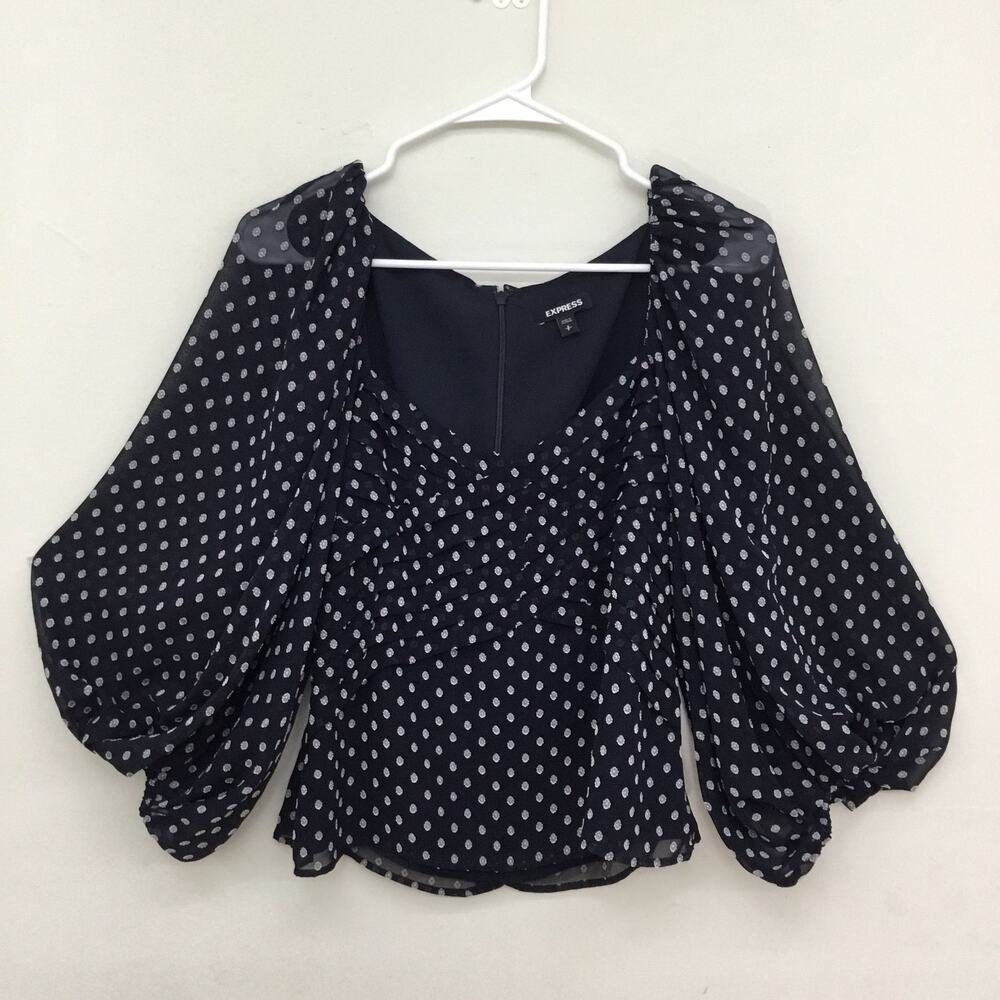 EXPRESS Navy Clip Dot Sweetheart Neckline Balloon Sleeve Blouse Top Sz S - Picture 3 of 11
